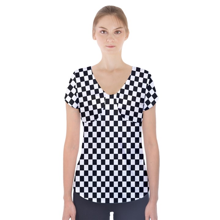 Checker Black and White Short Sleeve Front Detail Top