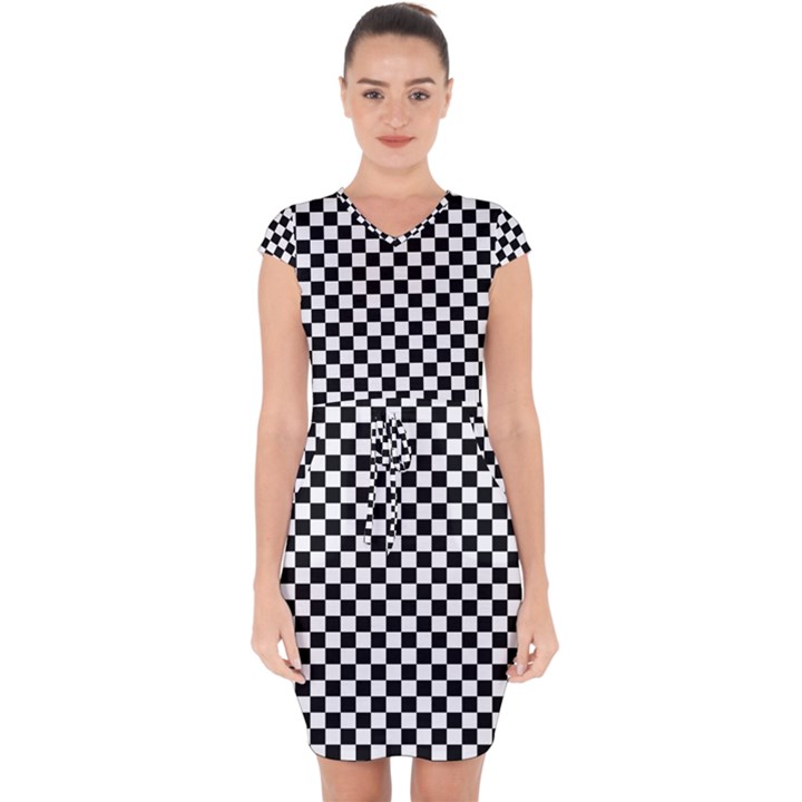 Checker Black and White Capsleeve Drawstring Dress 