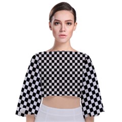 Checker Black And White Tie Back Butterfly Sleeve Chiffon Top by jumpercat