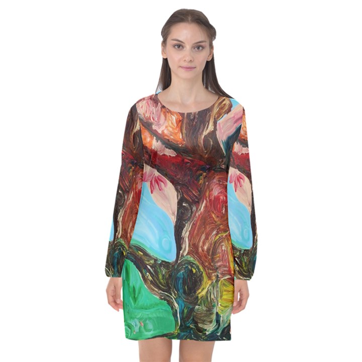 Big Coral Tree Long Sleeve Chiffon Shift Dress 