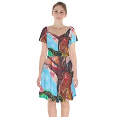 Big Coral Tree Short Sleeve Bardot Dress