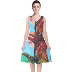 Big Coral Tree V-neck Midi Sleeveless Dress 