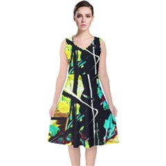 Dance Of Oil Towers 5 V-neck Midi Sleeveless Dress  by bestdesignintheworld