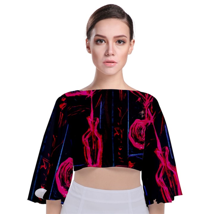 Calligraphy Tie Back Butterfly Sleeve Chiffon Top