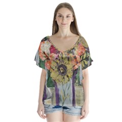 Sunflowers And Lamp V-neck Flutter Sleeve Top by bestdesignintheworld