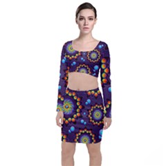 Texture Background Flower Pattern Long Sleeve Crop Top & Bodycon Skirt Set