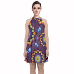 Texture Background Flower Pattern Velvet Halter Neckline Dress 