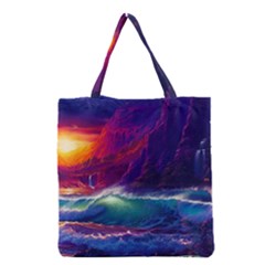 Sunset Orange Sky Dark Cloud Sea Waves Of The Sea, Rocky Mountains Art Grocery Tote Bag by Sapixe