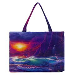 Sunset Orange Sky Dark Cloud Sea Waves Of The Sea, Rocky Mountains Art Zipper Medium Tote Bag by Sapixe