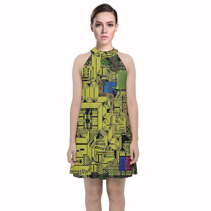 Technology Circuit Board Velvet Halter Neckline Dress 