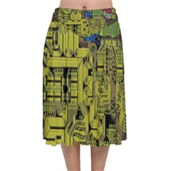 Technology Circuit Board Velvet Flared Midi Skirt by Sapixe