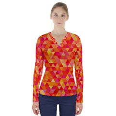 Triangle Tile Mosaic Pattern V-neck Long Sleeve Top by Sapixe