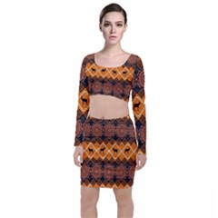 Traditiona  Patterns And African Patterns Long Sleeve Crop Top & Bodycon Skirt Set