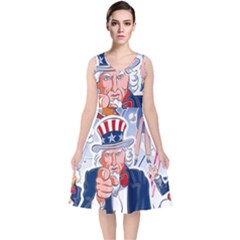 United States Of America Celebration Of Independence Day Uncle Sam V-neck Midi Sleeveless Dress  by Sapixe