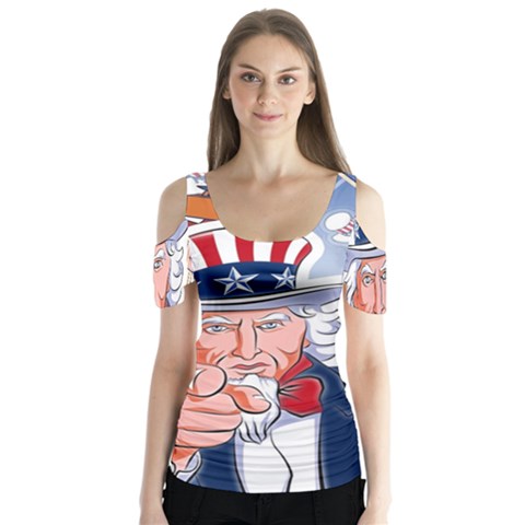 United States Of America Celebration Of Independence Day Uncle Sam Butterfly Sleeve Cutout Tee  by Sapixe