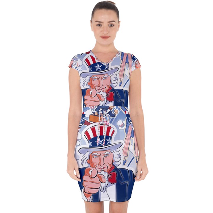 United States Of America Celebration Of Independence Day Uncle Sam Capsleeve Drawstring Dress 