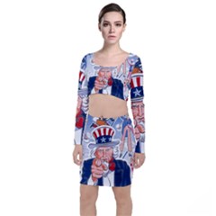 United States Of America Celebration Of Independence Day Uncle Sam Long Sleeve Crop Top & Bodycon Skirt Set