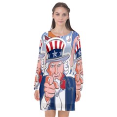 United States Of America Celebration Of Independence Day Uncle Sam Long Sleeve Chiffon Shift Dress  by Sapixe