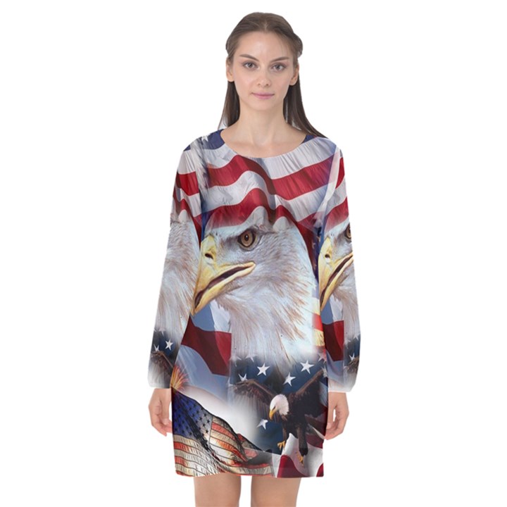 United States Of America Images Independence Day Long Sleeve Chiffon Shift Dress 