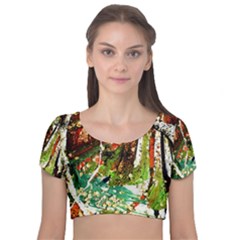 April   Birds Of Paradise Velvet Short Sleeve Crop Top  by bestdesignintheworld