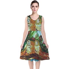 Royal Marine With Stone Lions V-neck Midi Sleeveless Dress 