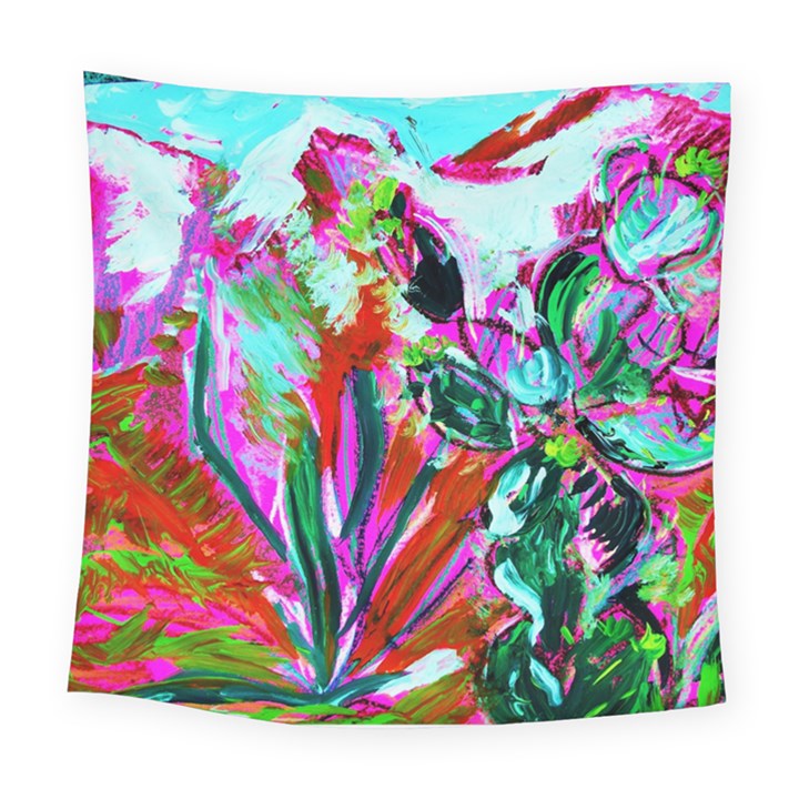 desrt blooming with red cactuses Square Tapestry (Large)