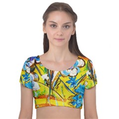 Dscf1422 - Country Flowers In The Yard Velvet Short Sleeve Crop Top  by bestdesignintheworld