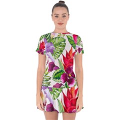 Vector Pattern Tropical Drop Hem Mini Chiffon Dress