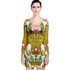 Traditional Thai Style Painting Long Sleeve Bodycon Dress