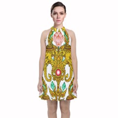 Traditional Thai Style Painting Velvet Halter Neckline Dress 