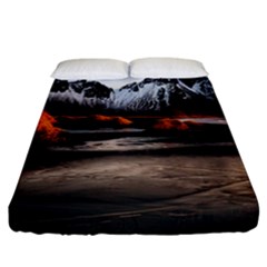 Vestrahorn Iceland Winter Sunrise Landscape Sea Coast Sandy Beach Sea Mountain Peaks With Snow Blue Fitted Sheet (california King Size) by Sapixe