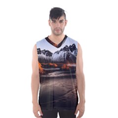 Vestrahorn Iceland Winter Sunrise Landscape Sea Coast Sandy Beach Sea Mountain Peaks With Snow Blue Men s Basketball Tank Top by Sapixe