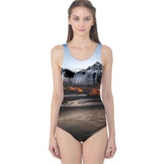 Vestrahorn Iceland Winter Sunrise Landscape Sea Coast Sandy Beach Sea Mountain Peaks With Snow Blue One Piece Swimsuit by Sapixe