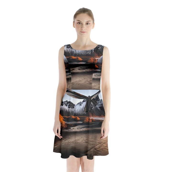 Vestrahorn Iceland Winter Sunrise Landscape Sea Coast Sandy Beach Sea Mountain Peaks With Snow Blue Sleeveless Waist Tie Chiffon Dress