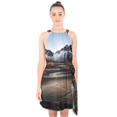 Vestrahorn Iceland Winter Sunrise Landscape Sea Coast Sandy Beach Sea Mountain Peaks With Snow Blue Halter Collar Waist Tie Chiffon Dress by Sapixe