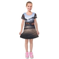 Vestrahorn Iceland Winter Sunrise Landscape Sea Coast Sandy Beach Sea Mountain Peaks With Snow Blue Kids  Short Sleeve Velvet Dress by Sapixe