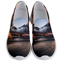 Vestrahorn Iceland Winter Sunrise Landscape Sea Coast Sandy Beach Sea Mountain Peaks With Snow Blue Men s Lightweight Slip Ons by Sapixe