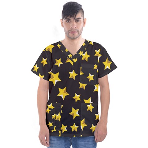 Yellow Stars Pattern Men s V-neck Scrub Top by Sapixe