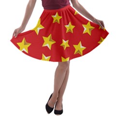 Yellow Stars Red Background Pattern A-line Skater Skirt by Sapixe