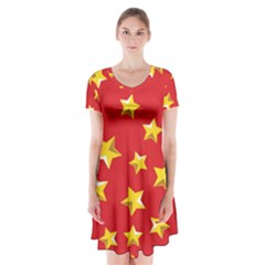 Yellow Stars Red Background Pattern Short Sleeve V-neck Flare Dress by Sapixe