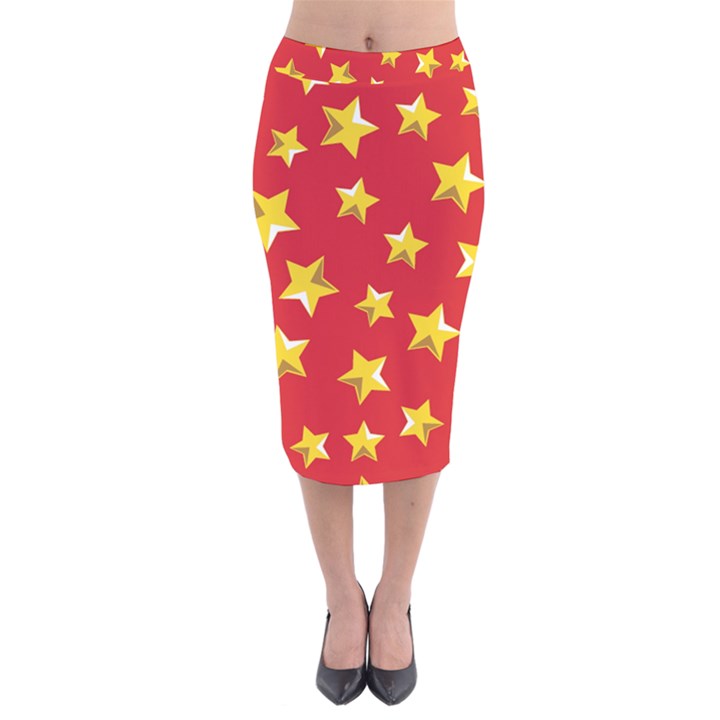 Yellow Stars Red Background Pattern Velvet Midi Pencil Skirt