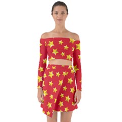 Yellow Stars Red Background Pattern Off Shoulder Top With Skirt Set by Sapixe