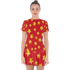 Yellow Stars Red Background Pattern Drop Hem Mini Chiffon Dress by Sapixe