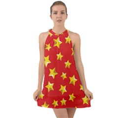 Yellow Stars Red Background Pattern Halter Tie Back Chiffon Dress by Sapixe