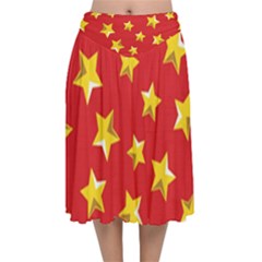 Yellow Stars Red Background Pattern Velvet Flared Midi Skirt by Sapixe