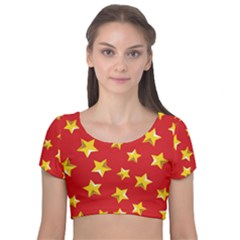 Yellow Stars Red Background Pattern Velvet Short Sleeve Crop Top 