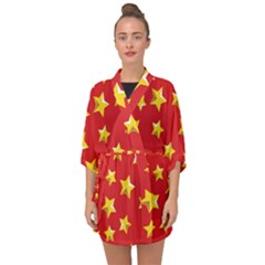 Yellow Stars Red Background Pattern Half Sleeve Chiffon Kimono