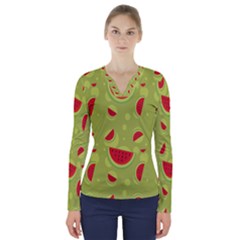 Watermelon Fruit Patterns V-neck Long Sleeve Top by Sapixe