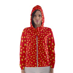 Yellow Stars Red Background Hooded Wind Breaker (women) by Sapixe