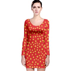 Yellow Stars Red Background Long Sleeve Velvet Bodycon Dress by Sapixe